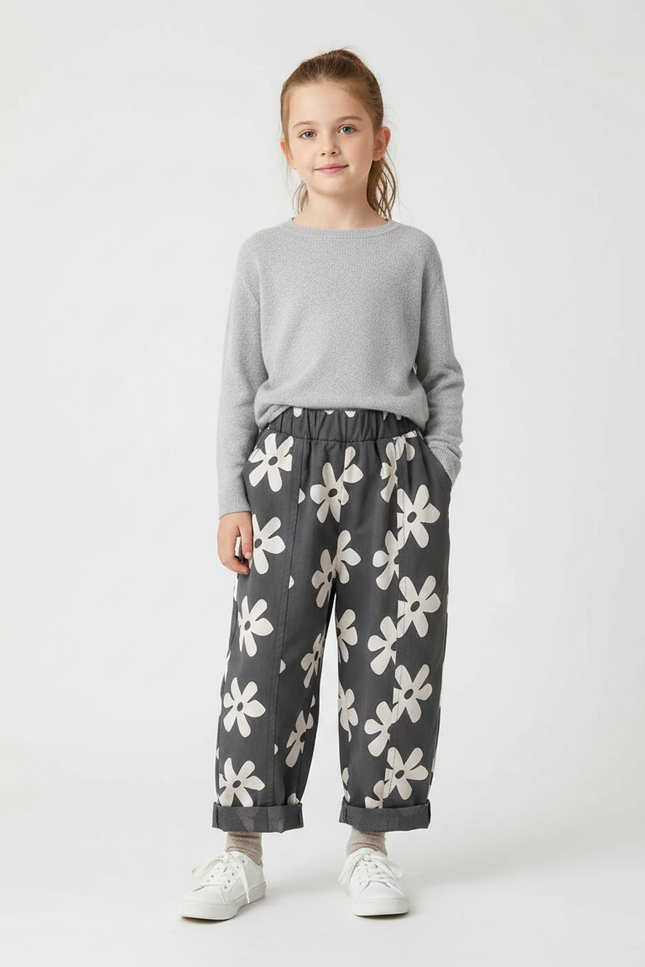 Pantalon À Pince Harem Fleuri Coton Gris Enfant - Imprimé