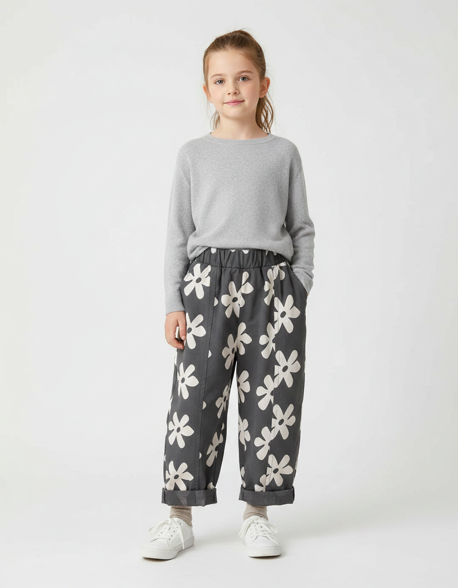 Pantalon À Pince Harem Fleuri Coton Gris Enfant - Imprimé
