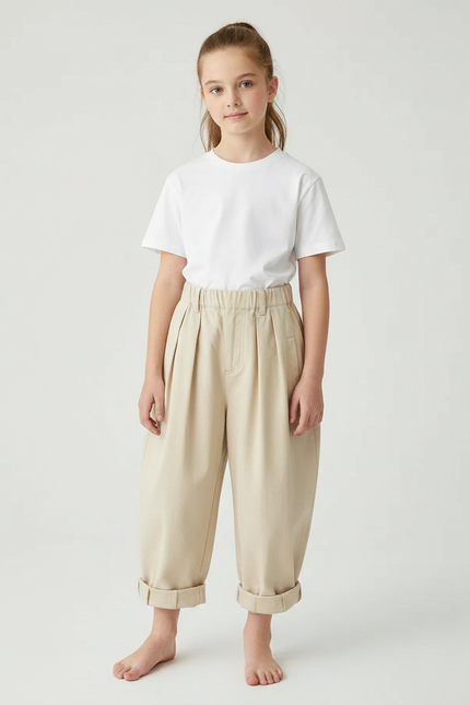 Pantalon À Pince Plissé Beige Ample Coton Enfant