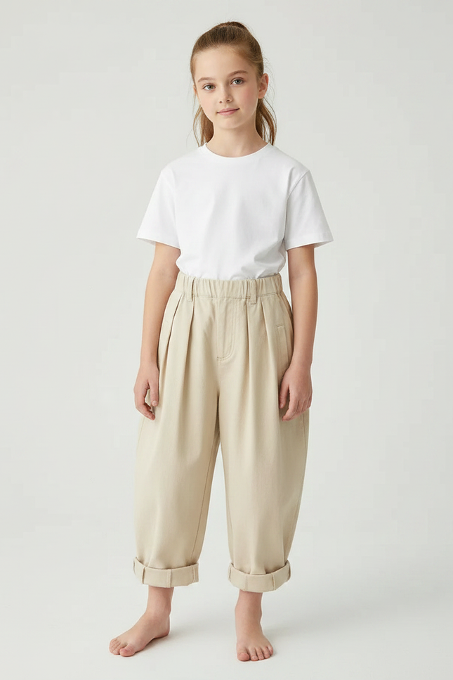 Pantalon À Pince Plissé Beige Ample Coton Enfant