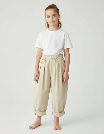 Pantalon À Pince Plissé Beige Ample Coton Enfant