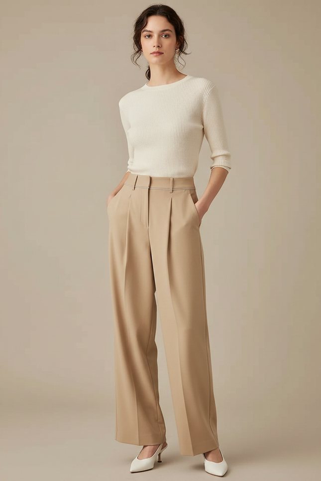 Pantalon À Pince Plissé Taille Haute Beige Ample Élégant - Polyester
