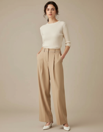 Pantalon À Pince Plissé Taille Haute Beige Ample Élégant - Polyester