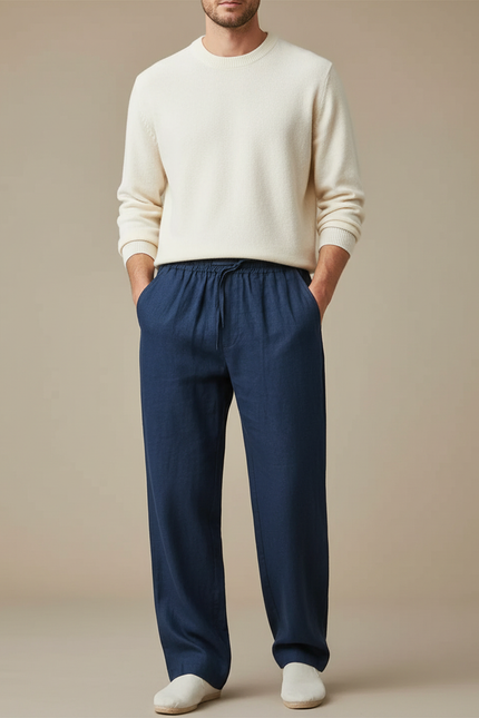 Pantalon À Pince Bleu Marine Coton Ample Décontracté Cordon - Lin