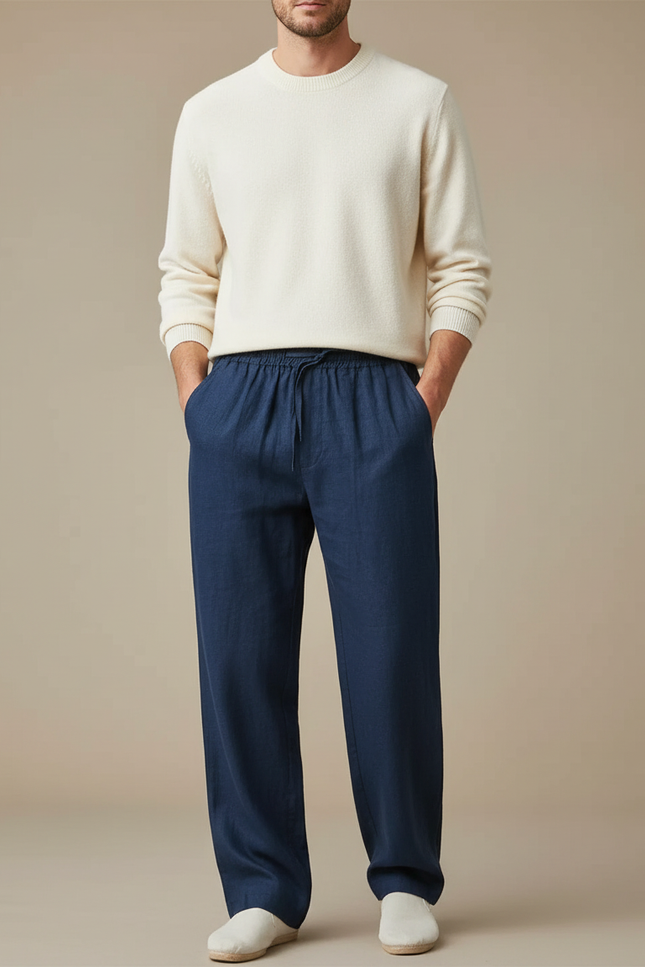 Pantalon À Pince Bleu Marine Coton Ample Décontracté Cordon - Lin
