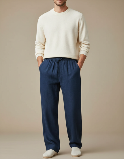Pantalon À Pince Bleu Marine Coton Ample Décontracté Cordon - Lin