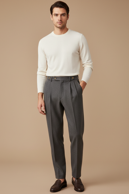Pantalon À Pince Gris Anthracite Laine Plissé Homme Formel
