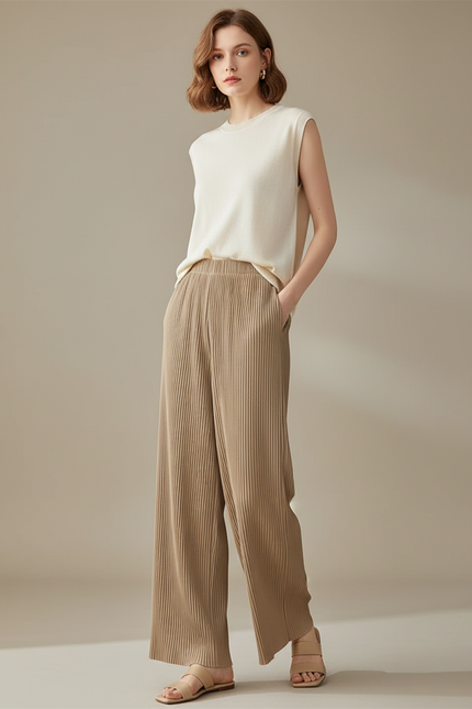 Pantalon À Pince Plissé Ample Beige Décontracté - Maille