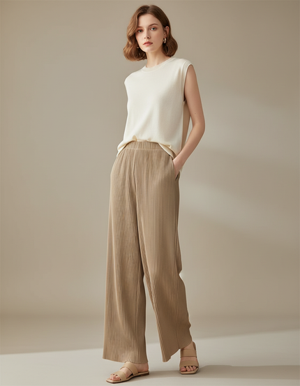 Pantalon À Pince Plissé Ample Beige Décontracté - Maille