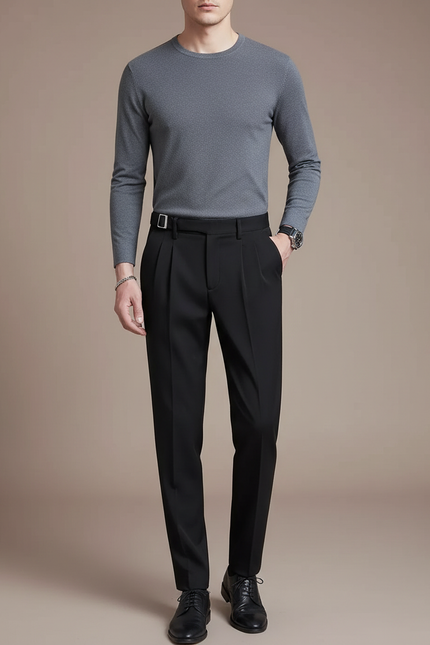 Pantalon À Pince Noir Droit Plissé Élégant Homme - Gabardine