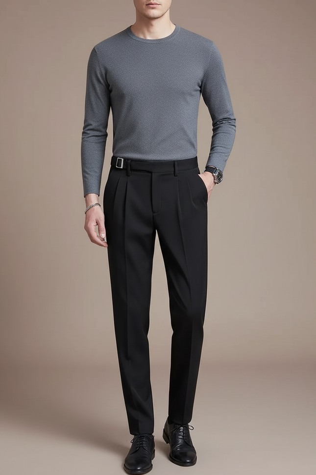 Pantalon À Pince Noir Droit Plissé Élégant Homme - Gabardine
