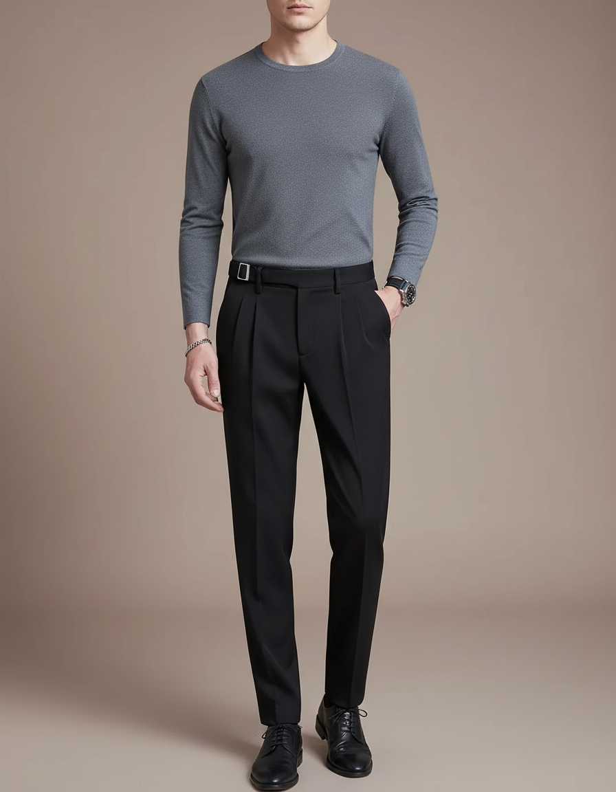 Pantalon À Pince Noir Droit Plissé Élégant Homme - Gabardine