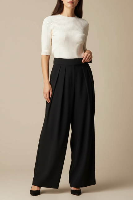 Pantalon À Pince Noir Plissé Ample Fluide Élégant - Polyester