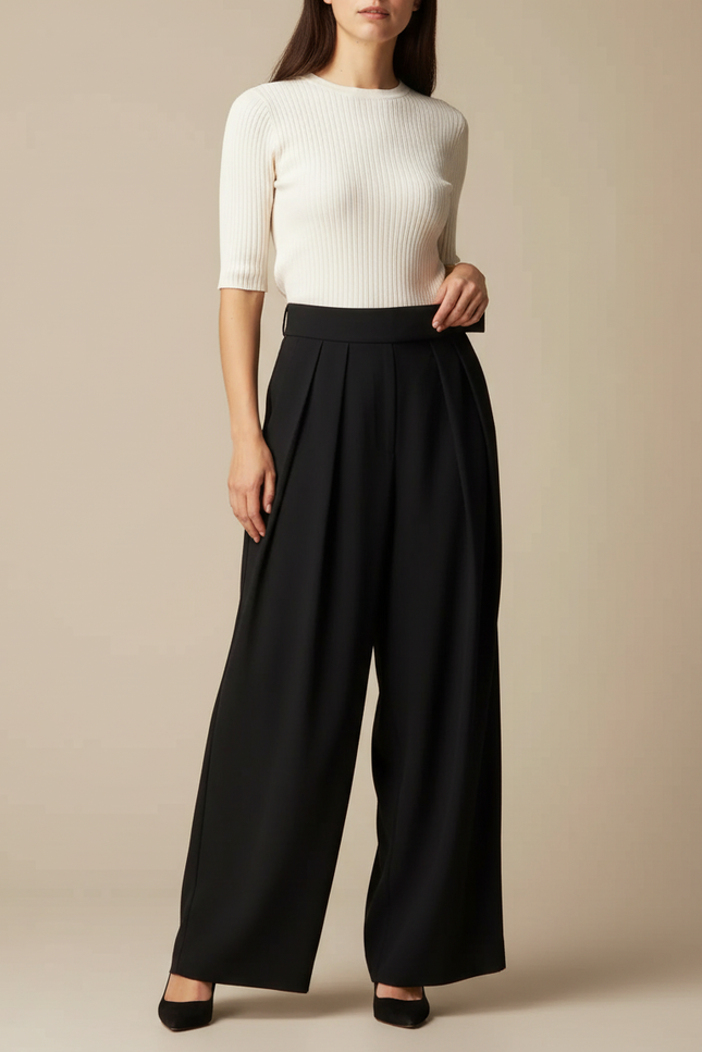 Pantalon À Pince Noir Plissé Ample Fluide Élégant - Polyester
