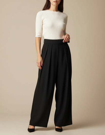 Pantalon À Pince Noir Plissé Ample Fluide Élégant - Polyester