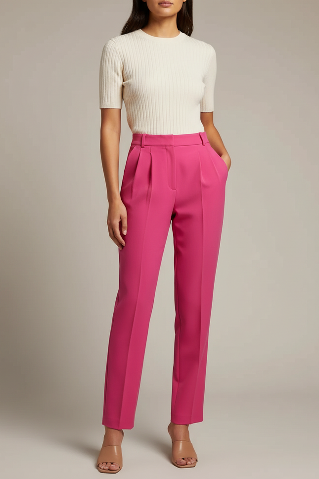 Pantalon À Pince Rose Fuchsia Taille Haute Fluide Femme - Polyester