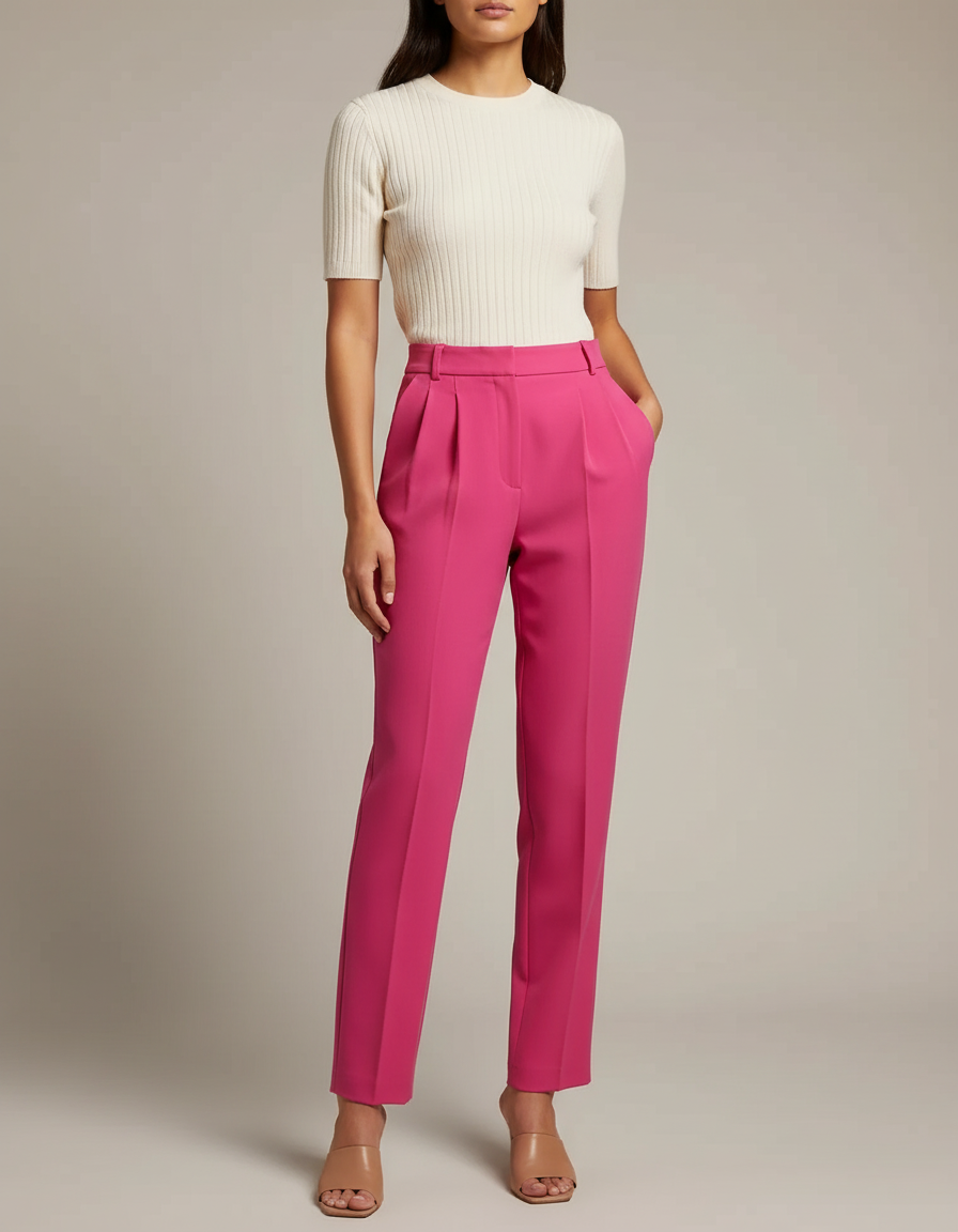 Pantalon À Pince Rose Fuchsia Taille Haute Fluide Femme - Polyester