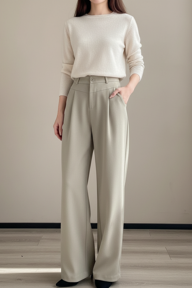 Pantalon À Pince Beige Plissé Ample Droit Élégant - Kaki Polyester