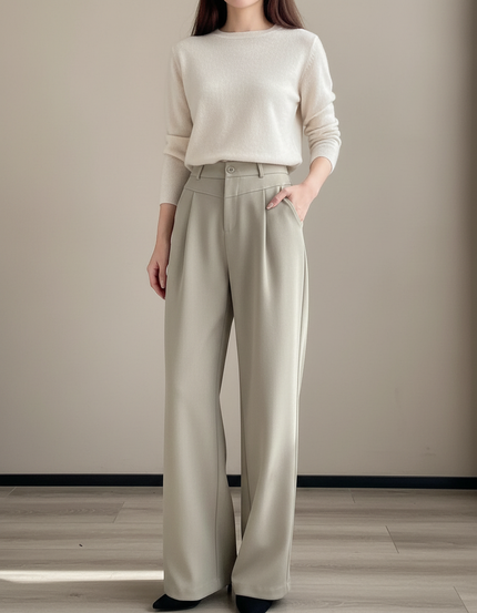 Pantalon À Pince Beige Plissé Ample Droit Élégant - Kaki Polyester