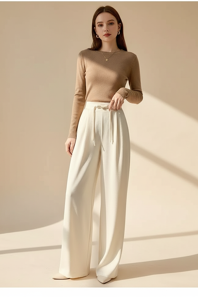 Pantalon À Pince Blanc Cassé Fluide Ample Élégant - Viscose