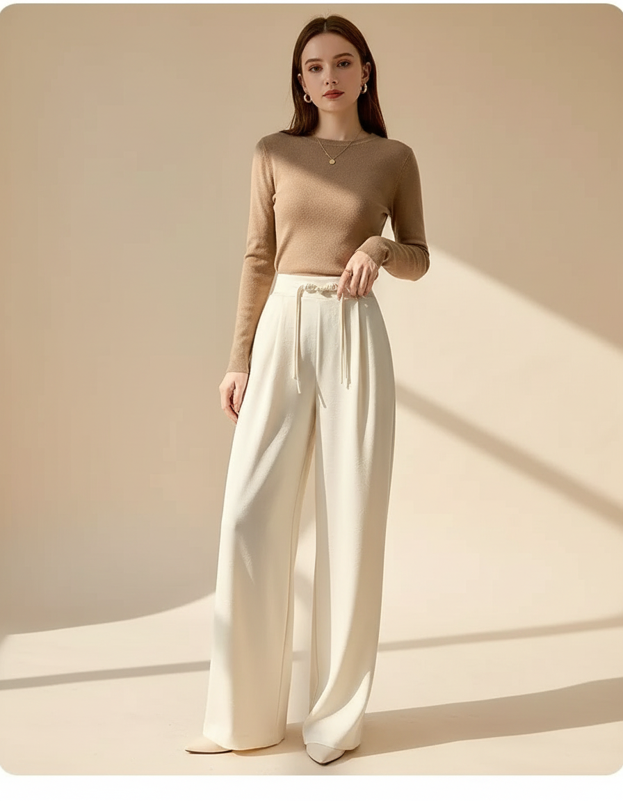 Pantalon À Pince Blanc Cassé Fluide Ample Élégant - Viscose