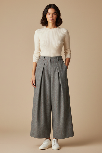 Pantalon À Pinces Femme Taille Haute - Gris Tweed