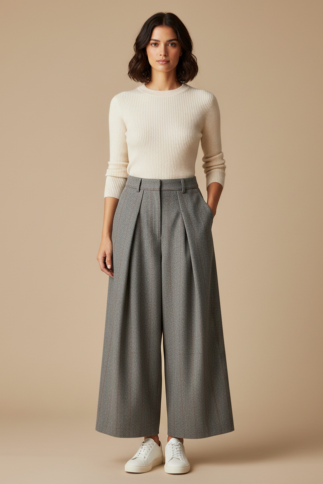 Pantalon À Pinces Femme Taille Haute - Gris Tweed