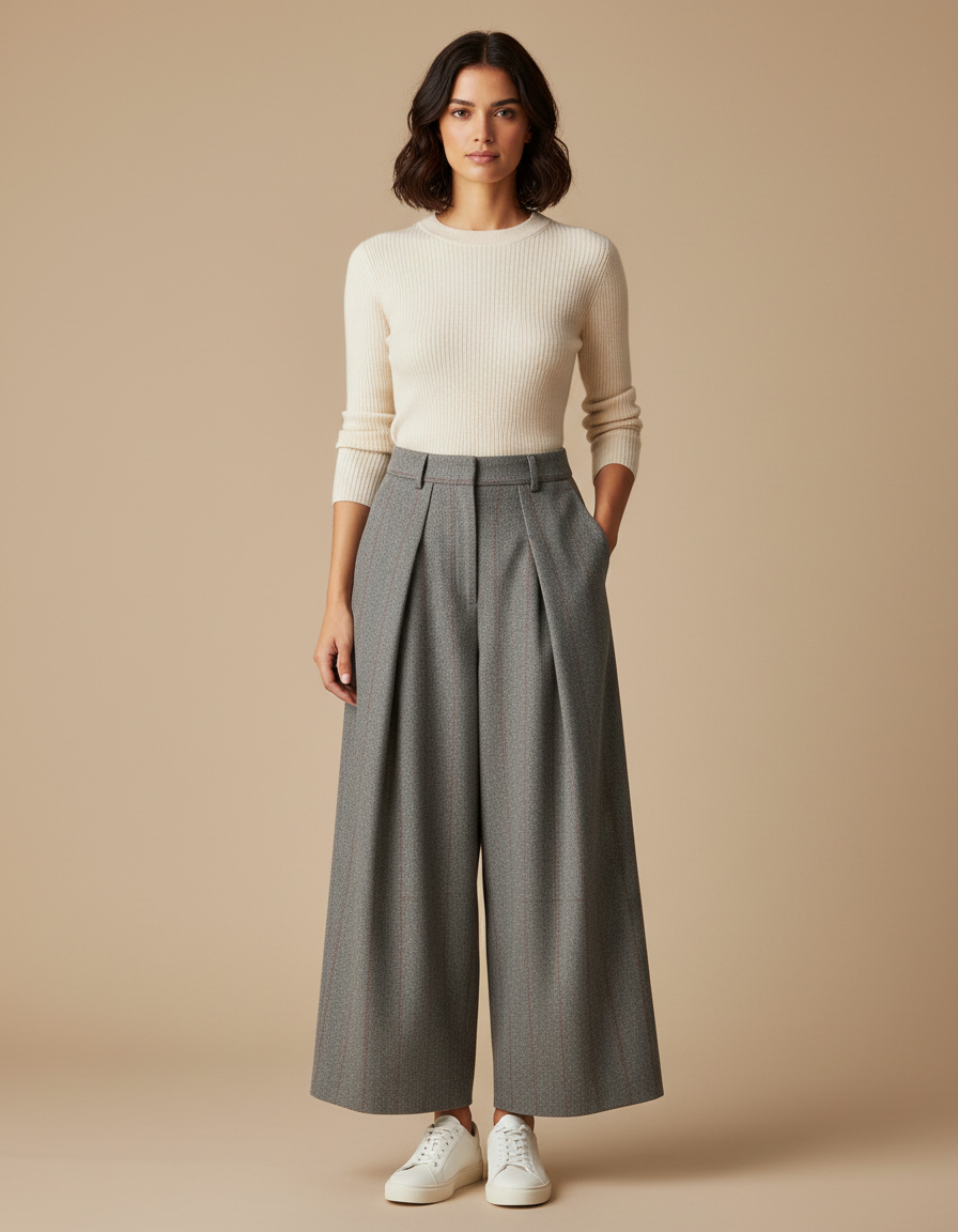 Pantalon À Pinces Femme Taille Haute - Gris Tweed