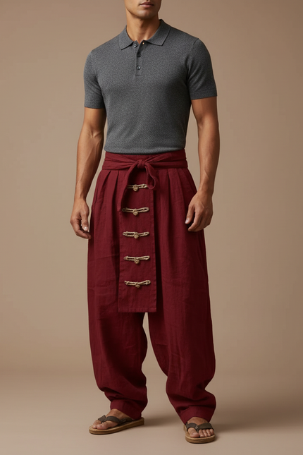 Pantalon À Pince Bordeaux Lin Plissé Décontracté Homme