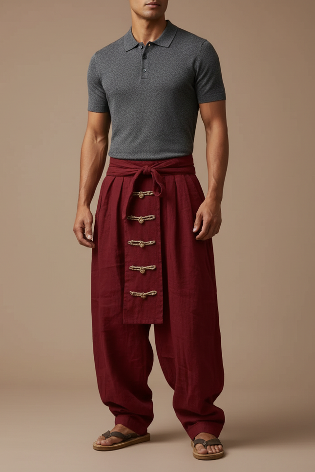 Pantalon À Pince Bordeaux Lin Plissé Décontracté Homme
