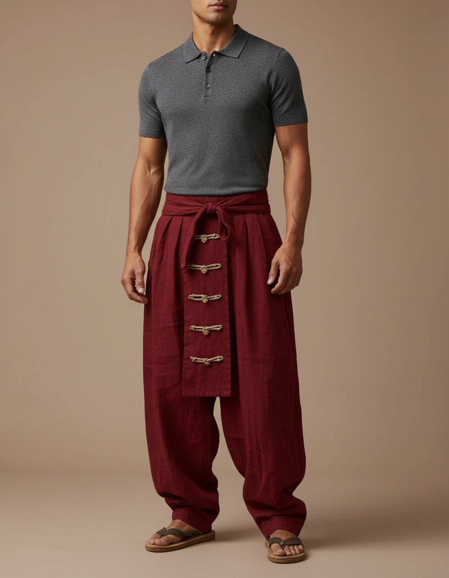 Pantalon À Pince Bordeaux Lin Plissé Décontracté Homme