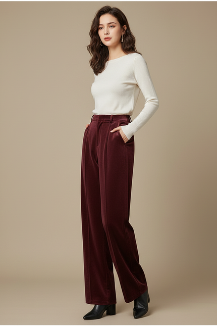 Pantalon À Pince Bordeaux Velours Ample Décontracté Chaud - Cordé