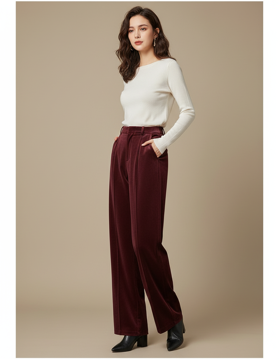 Pantalon À Pince Bordeaux Velours Ample Décontracté Chaud - Cordé