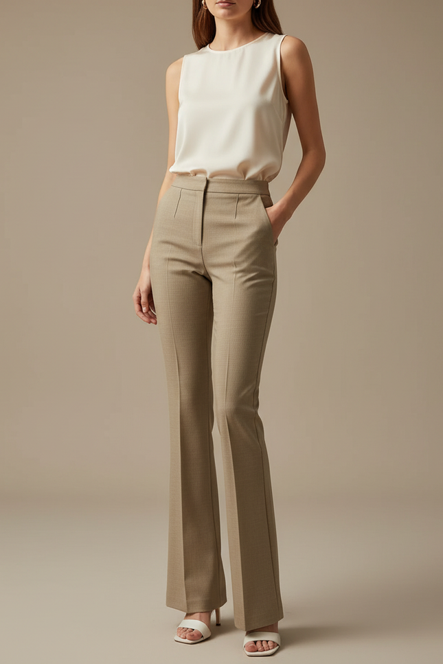 Pantalon À Pince Beige Taille Haute Évasé Femme - Gabardine