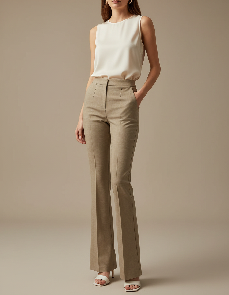 Pantalon À Pince Beige Taille Haute Évasé Femme - Gabardine