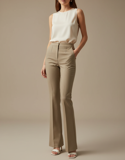 Pantalon À Pince Beige Taille Haute Évasé Femme - Gabardine