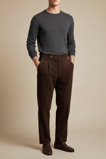 Pantalon À Pince Marron Côtelé Plissé Droit Homme - Cordé