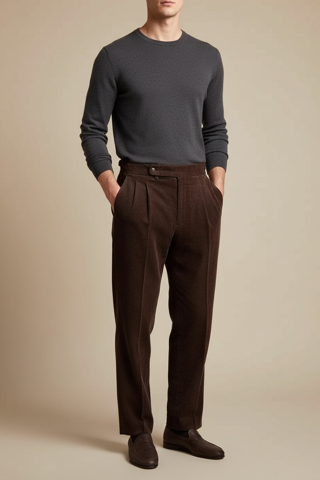 Pantalon À Pince Marron Côtelé Plissé Droit Homme - Cordé