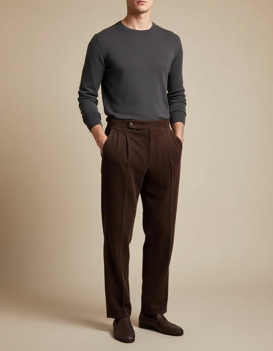 Pantalon À Pince Marron Côtelé Plissé Droit Homme - Cordé