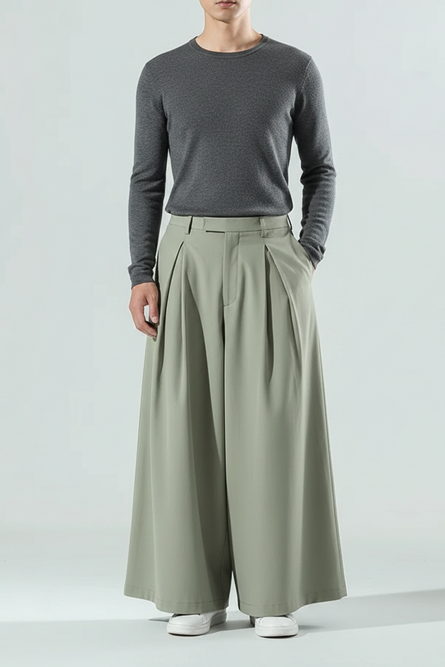 Pantalon À Pince Vert Sauge Ample Plissé Fluide Homme - Polyester