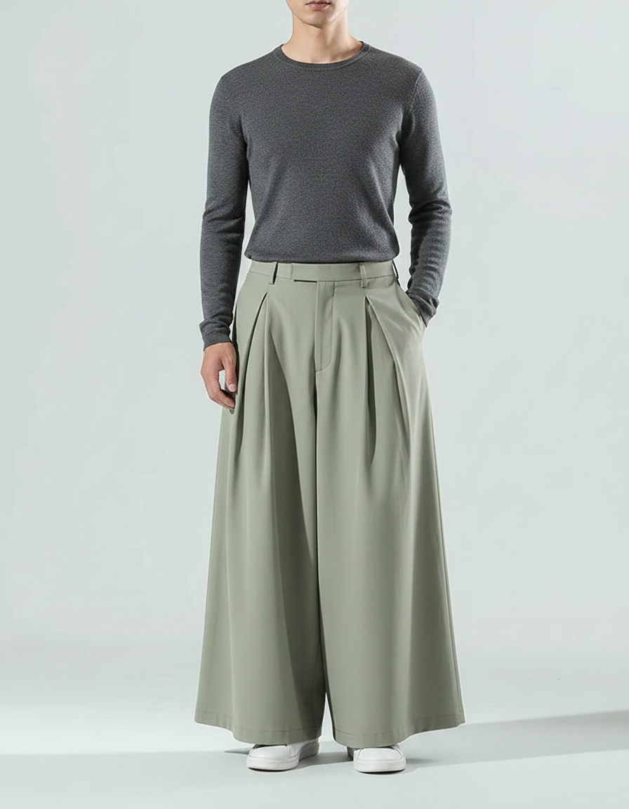 Pantalon À Pince Vert Sauge Ample Plissé Fluide Homme - Polyester