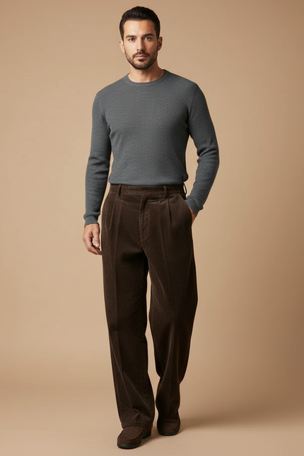 Pantalon À Pince Marron Côtelé Ample Plissé Homme - Cordé