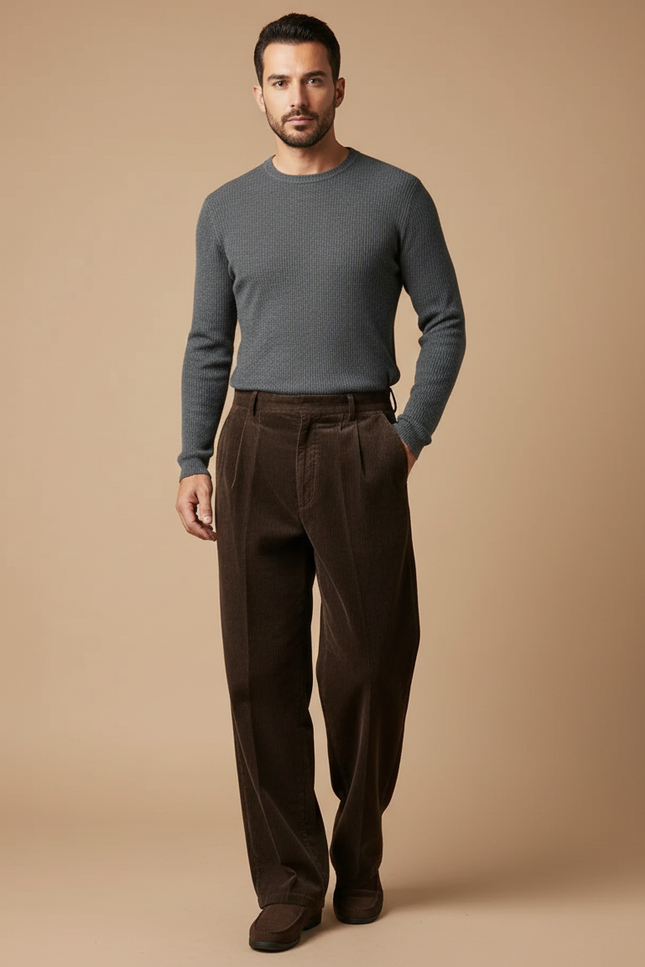 Pantalon À Pince Marron Côtelé Ample Plissé Homme - Cordé