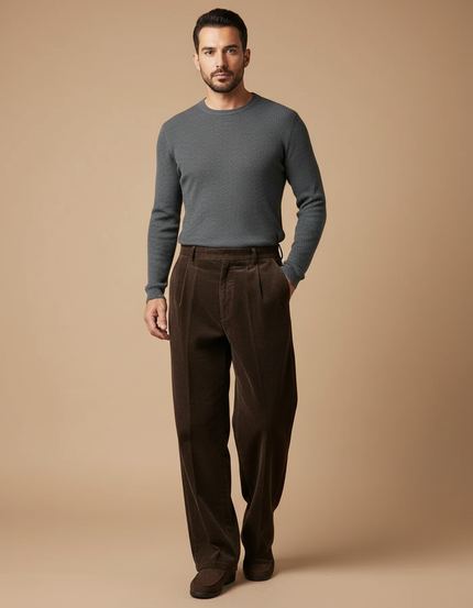 Pantalon À Pince Marron Côtelé Ample Plissé Homme - Cordé