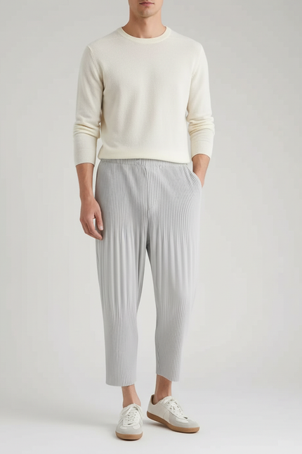 Pantalon À Pince Gris Plissé Ample Décontracté Fluide - Polyester
