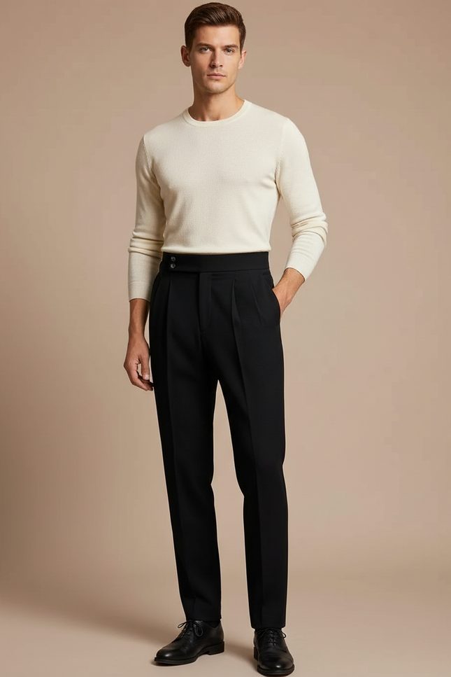 Pantalon À Pince Noir Droit Taille Haute Élégant Homme - Laine