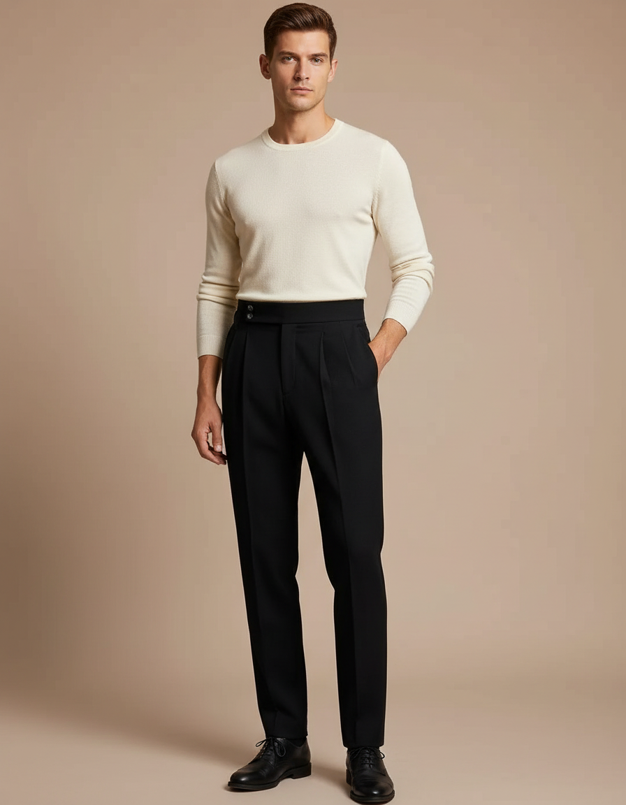 Pantalon À Pince Noir Droit Taille Haute Élégant Homme - Laine