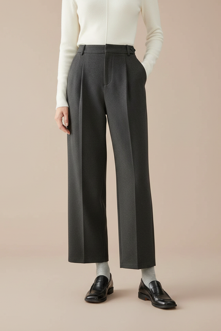 Pantalon À Pince Gris Plissé Tapered Femme Hiver - Laine