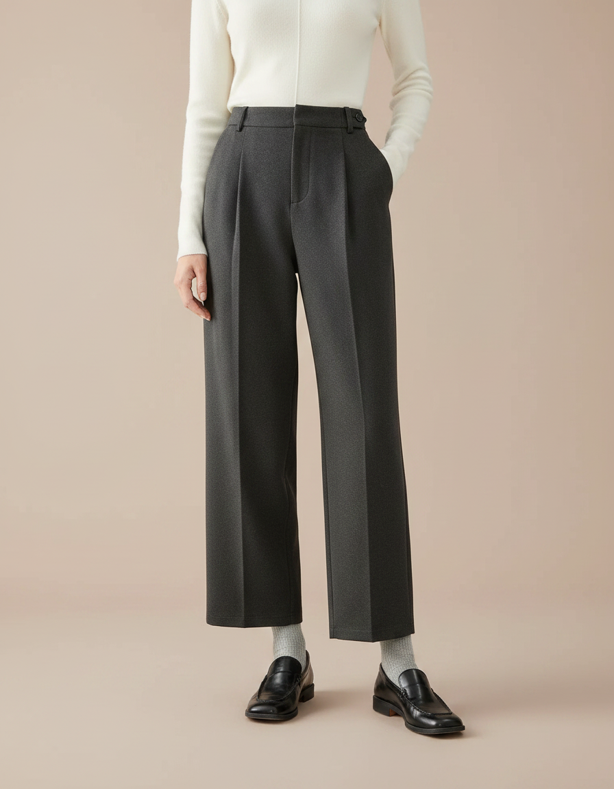 Pantalon À Pince Gris Plissé Tapered Femme Hiver - Laine