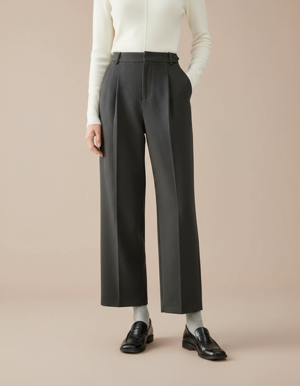 Pantalon À Pince Gris Plissé Tapered Femme Hiver - Laine